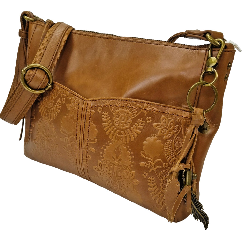 The Sak Leather Alemeda Crossbody Bag-Tobacco Floral Embossed-Tan/Brown-Med-NWT